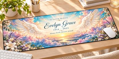 Heavenly Light Angel Wings personalized memorial desk mat — angled workspace mockup