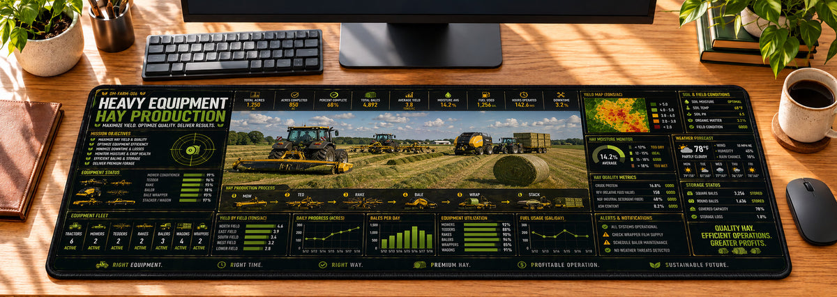 Heavy Equipment Hay Production Desk Mat in use on a warm wood office desk — overhead workspace view