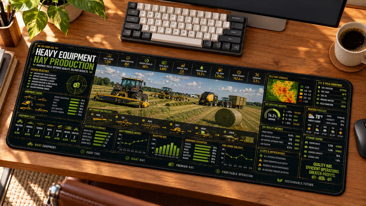 Heavy Equipment Hay Production Desk Mat in use on a warm wood office desk — angled workspace view