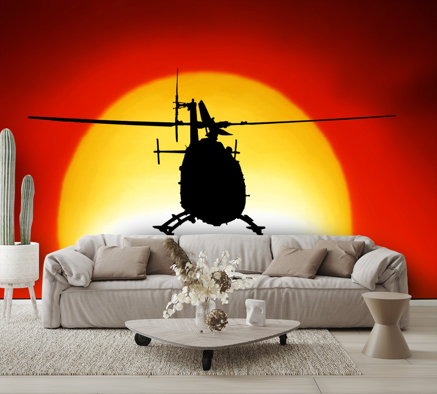 Helicopter wallpaper Sunset Silhouette flying Wall Mural living room