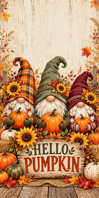 Hello Pumpkin Autumn Gnome Cornhole Board Wraps artwork without hole