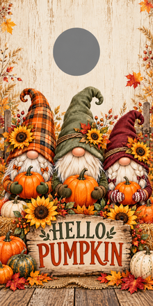 Hello Pumpkin Autumn Gnome Cornhole Board Wraps gray hole placement preview