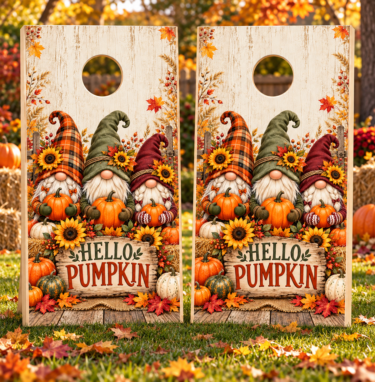 Hello Pumpkin Autumn Gnome Cornhole Board Wraps board pair mockup