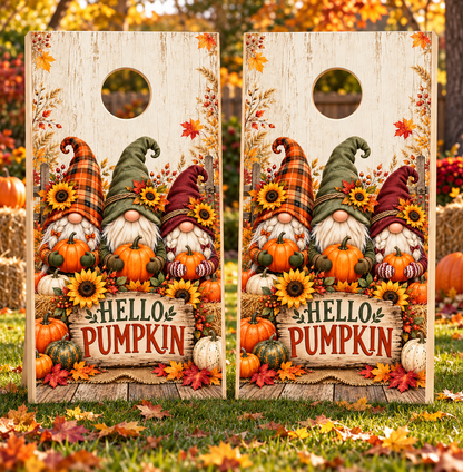 Hello Pumpkin Autumn Gnome Cornhole Board Wraps board pair mockup