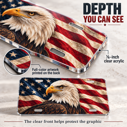 Heritage Eagle patriotic american flag license plate one-eighth-inch acrylic edge and reverse UV print detail