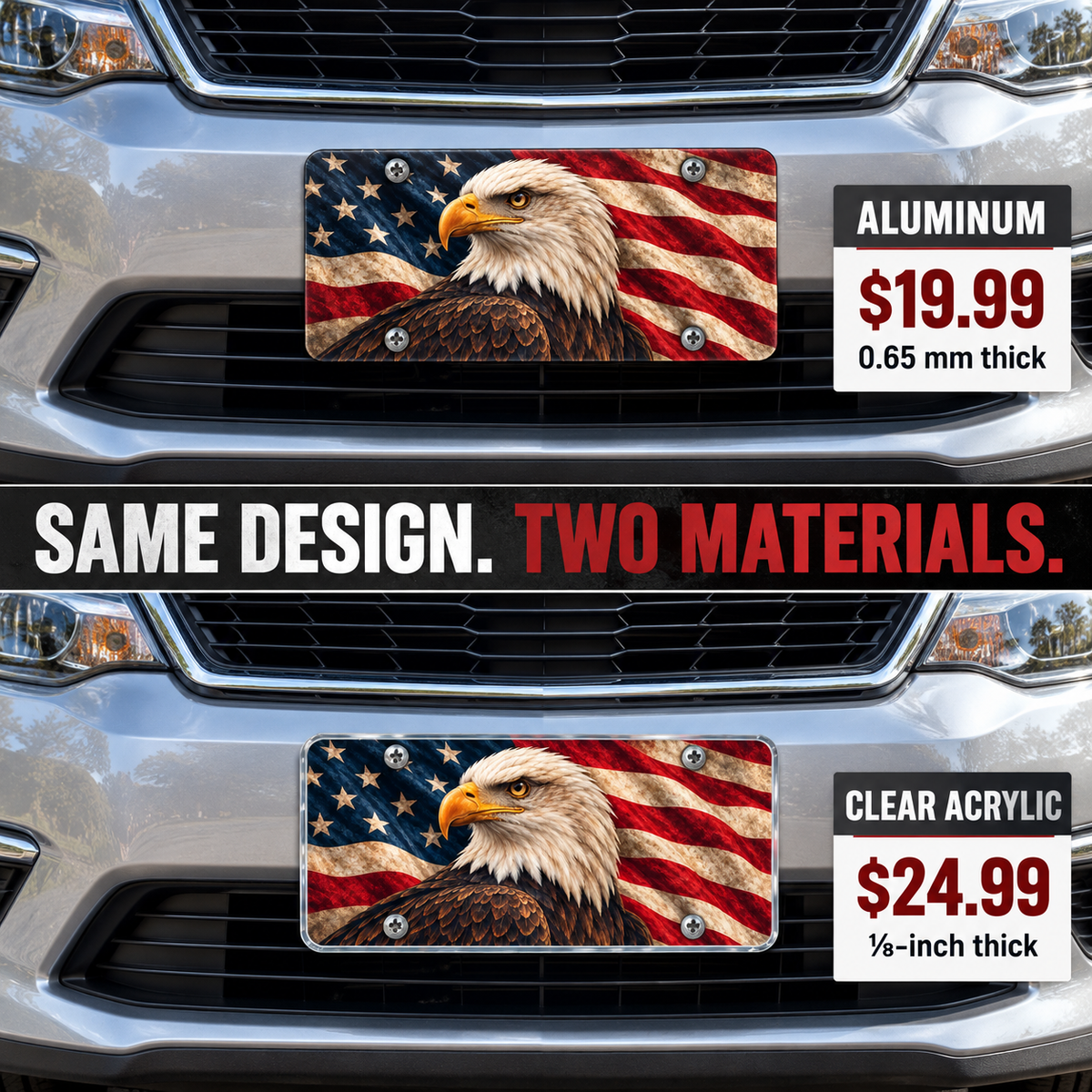 Heritage Eagle license plate mounted on a vehicle in 0.65 mm aluminum and one-eighth-inch acrylic