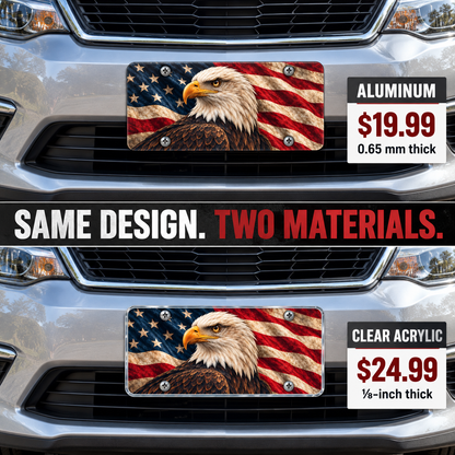 Heritage Eagle license plate mounted on a vehicle in 0.65 mm aluminum and one-eighth-inch acrylic
