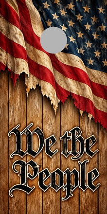 We the People Heritage Oak Cornhole Board Wraps proof with gray regulation hole-position marker
