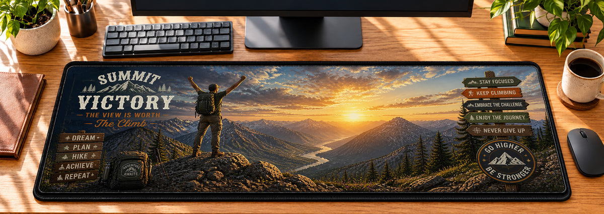 Hiking Summit Victory Desk Mat in use on a warm wood office desk — overhead workspace view