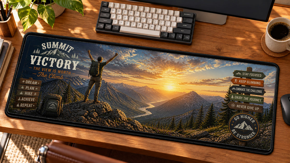 Hiking Summit Victory Desk Mat in use on a warm wood office desk — angled workspace view