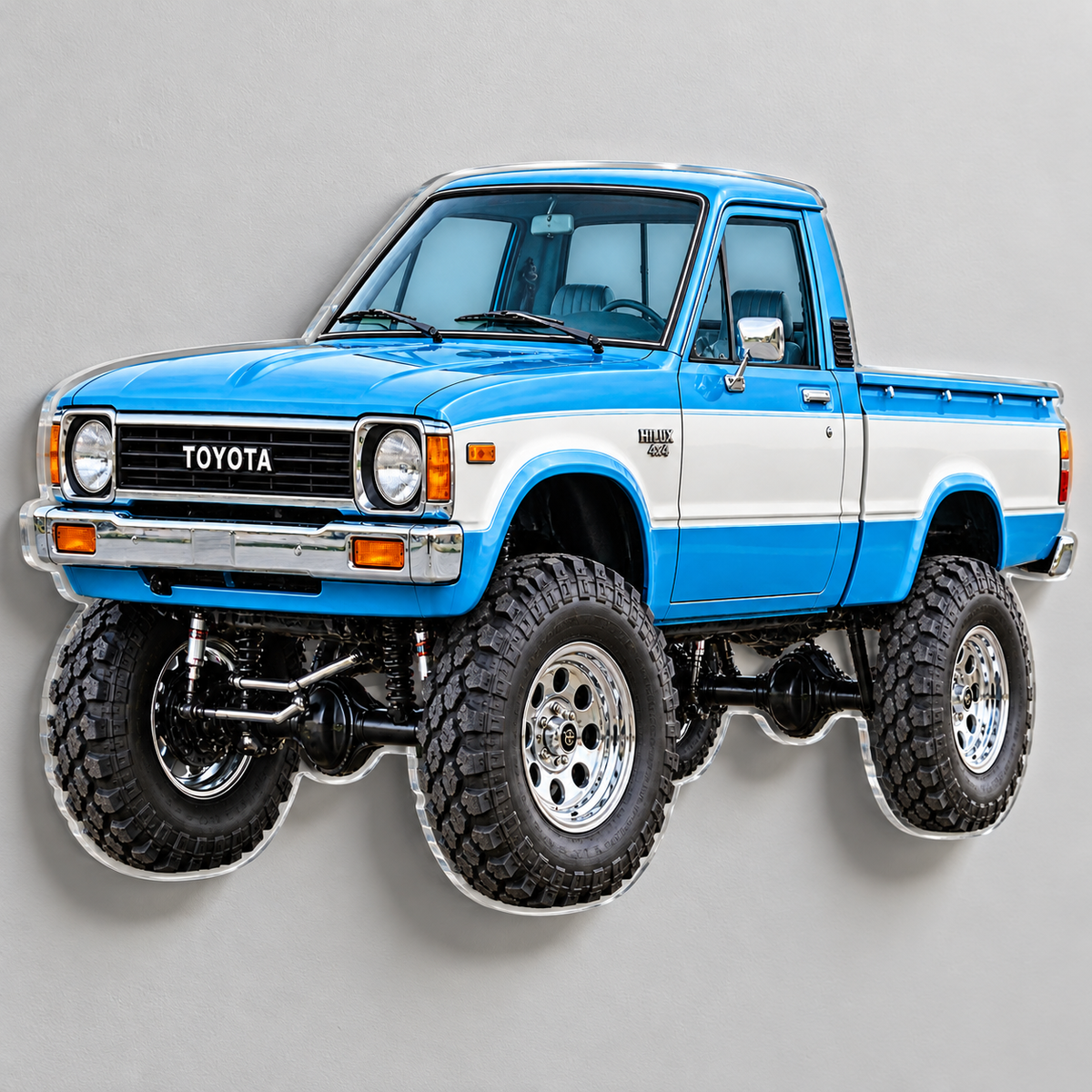 1979 Toyota Hilux Sky Blue and White acrylic truck sign angle mockup