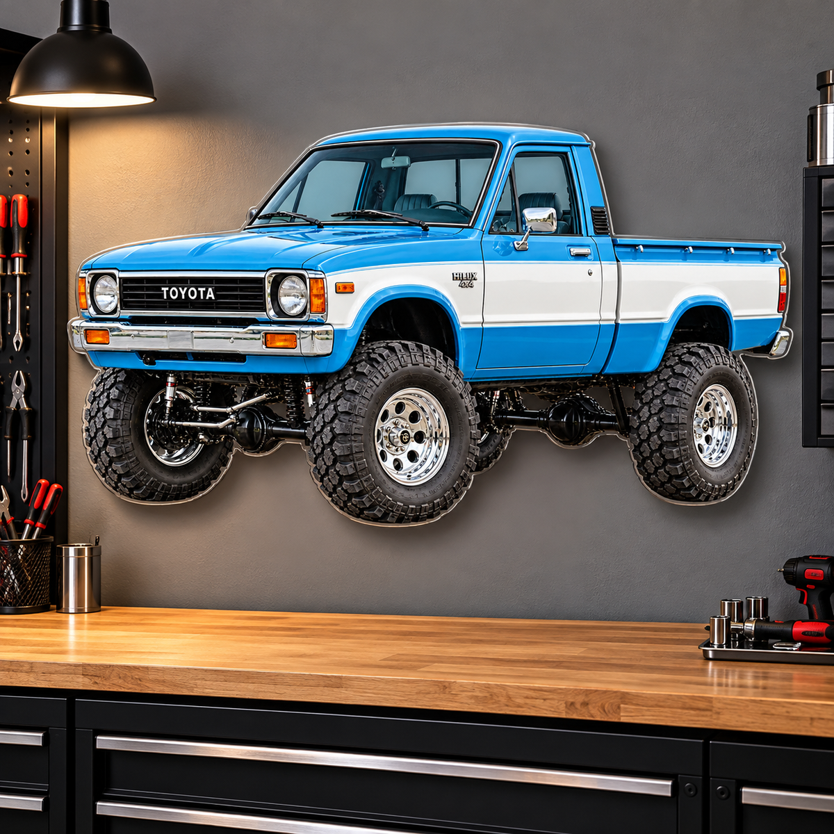 1979 Toyota Hilux Sky Blue and White acrylic truck sign garage mockup