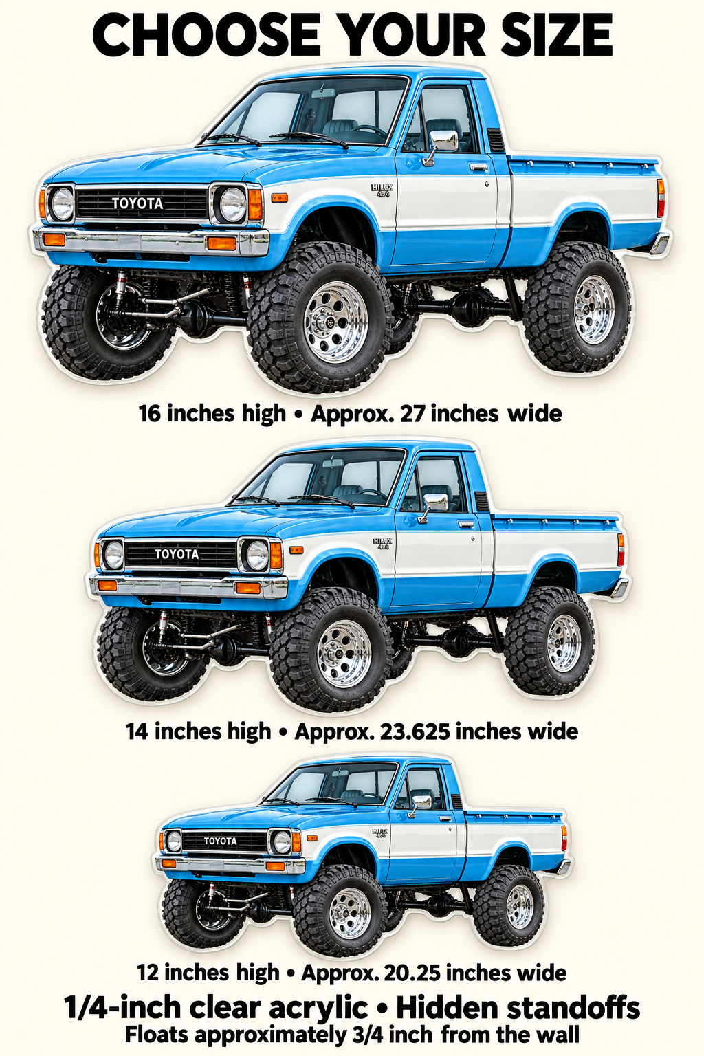 1979 Toyota Hilux Sky Blue and White acrylic truck sign sizes mockup