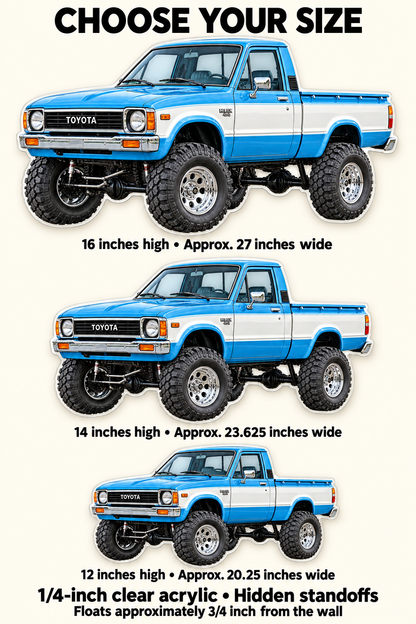 1979 Toyota Hilux Sky Blue and White acrylic truck sign sizes mockup