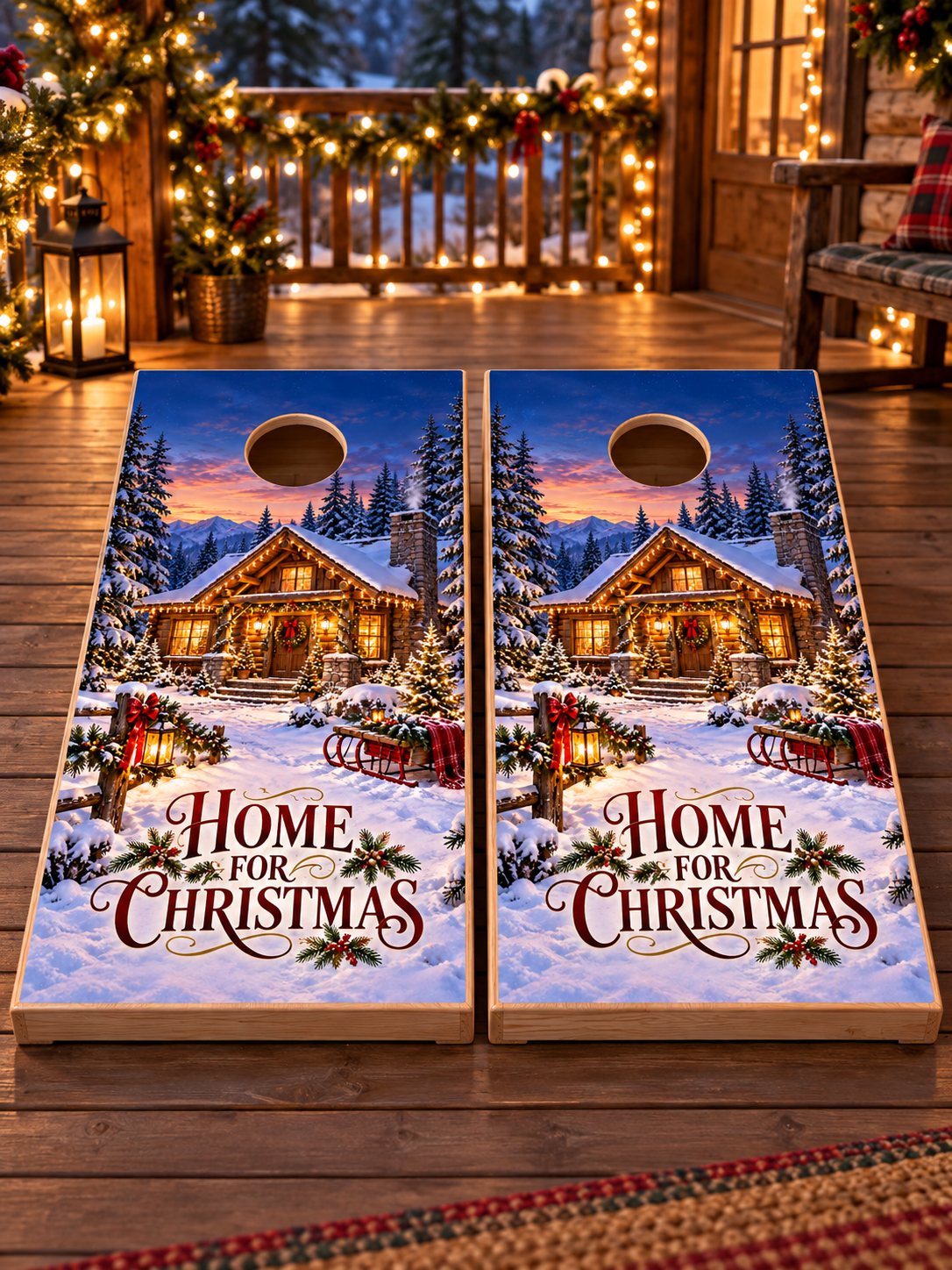 Home for Christmas Cozy Cabin Cornhole Board Wraps board pair mockup