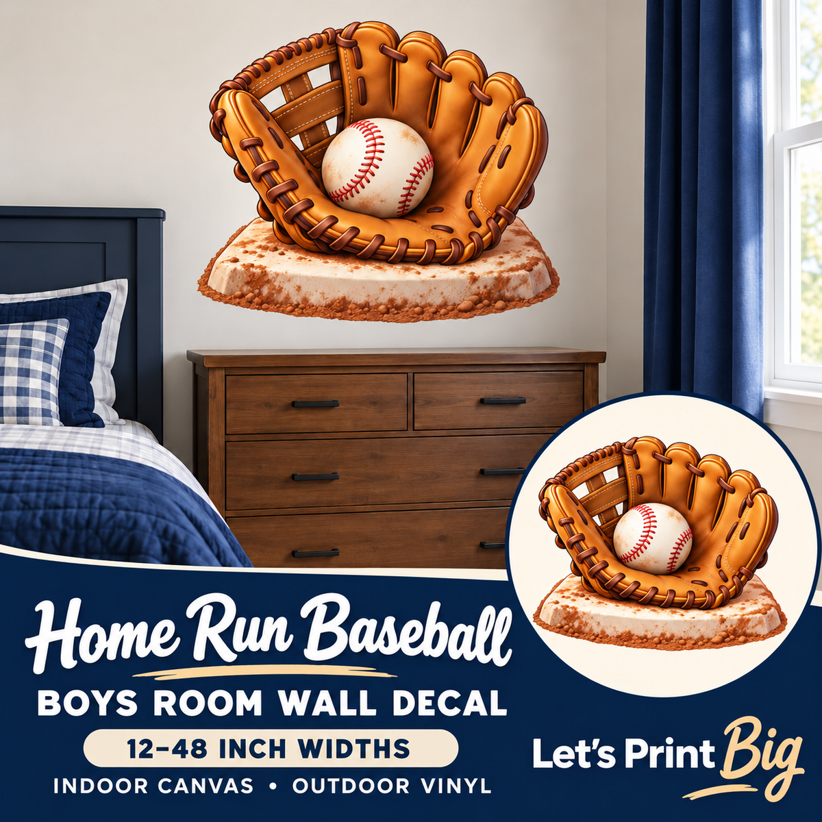 Home Run Baseball – Boys Room Wall Decal summary and bedroom mockup – 12 to 48 inch widths