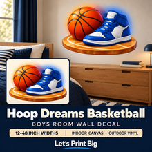 Hoop Dreams Basketball – Boys Room Wall Decal summary and bedroom mockup – 12 to 48 inch widths