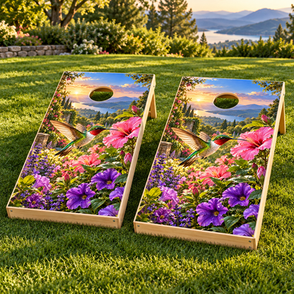 Hummingbird Flower Garden installed cornhole board mockup; boards not included