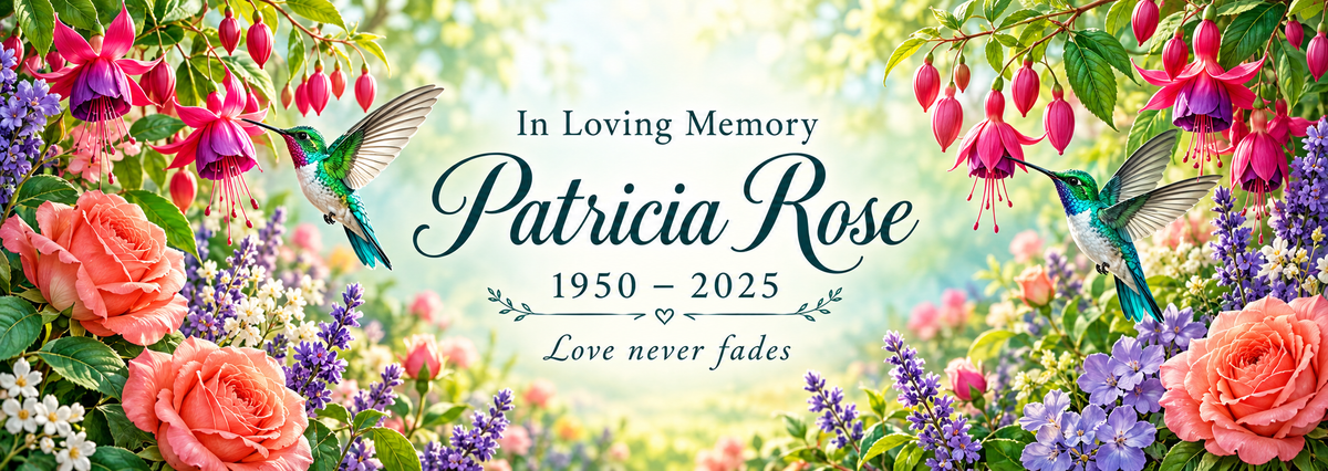 Hummingbird Garden of Love personalized memorial desk mat — sample name and dates