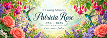 Hummingbird Garden of Love personalized memorial desk mat — sample name and dates