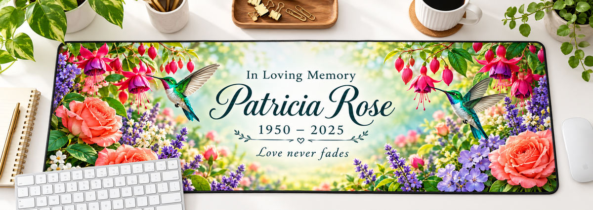 Hummingbird Garden of Love memorial desk mat — overhead workspace mockup