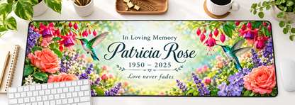 Hummingbird Garden of Love memorial desk mat — overhead workspace mockup