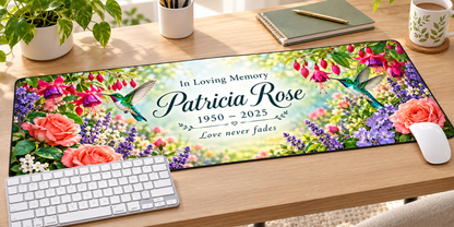 Hummingbird Garden of Love memorial desk mat — angled workspace mockup