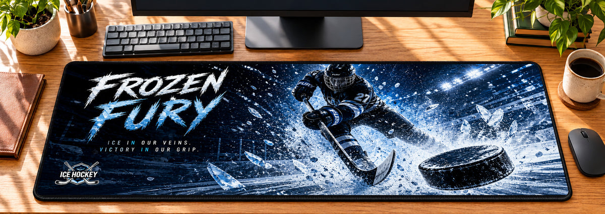 Ice Hockey Frozen Fury Desk Mat in use on a warm wood office desk — overhead workspace view