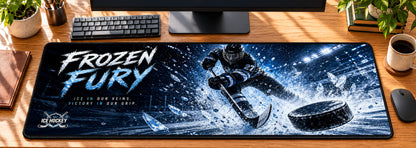 Ice Hockey Frozen Fury Desk Mat in use on a warm wood office desk — overhead workspace view