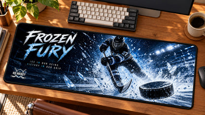 Ice Hockey Frozen Fury Desk Mat in use on a warm wood office desk — angled workspace view