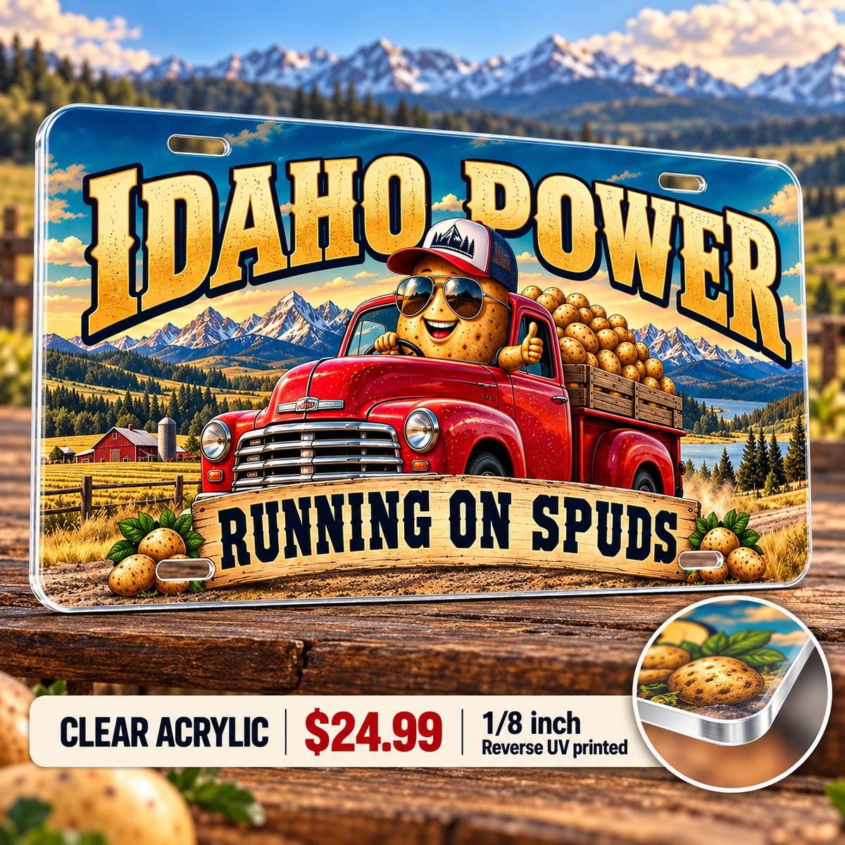 Idaho Spud Powered funny license plate — ⅛-inch reverse UV printed acrylic with opaque artwork