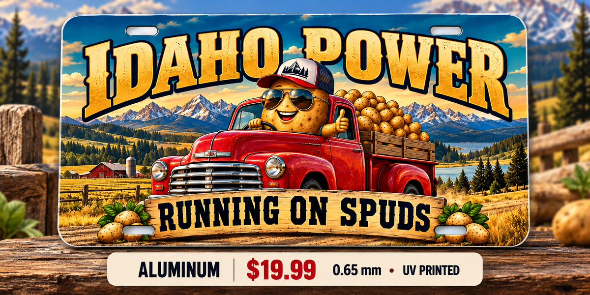 Idaho Spud Powered funny license plate — 0.65 mm UV printed aluminum
