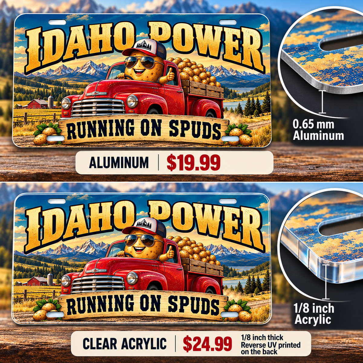 Idaho Spud Powered funny license plate — 0.65 mm aluminum and ⅛-inch acrylic edge detail