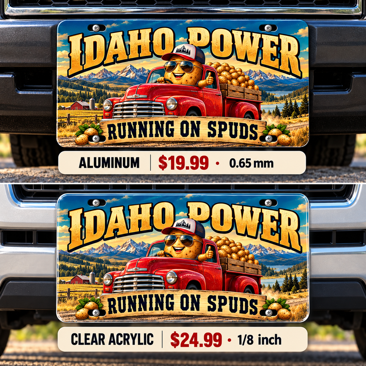 Idaho Spud Powered funny license plate — aluminum and acrylic vehicle mockups
