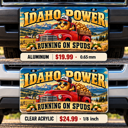 Idaho Spud Powered funny license plate — aluminum and acrylic vehicle mockups