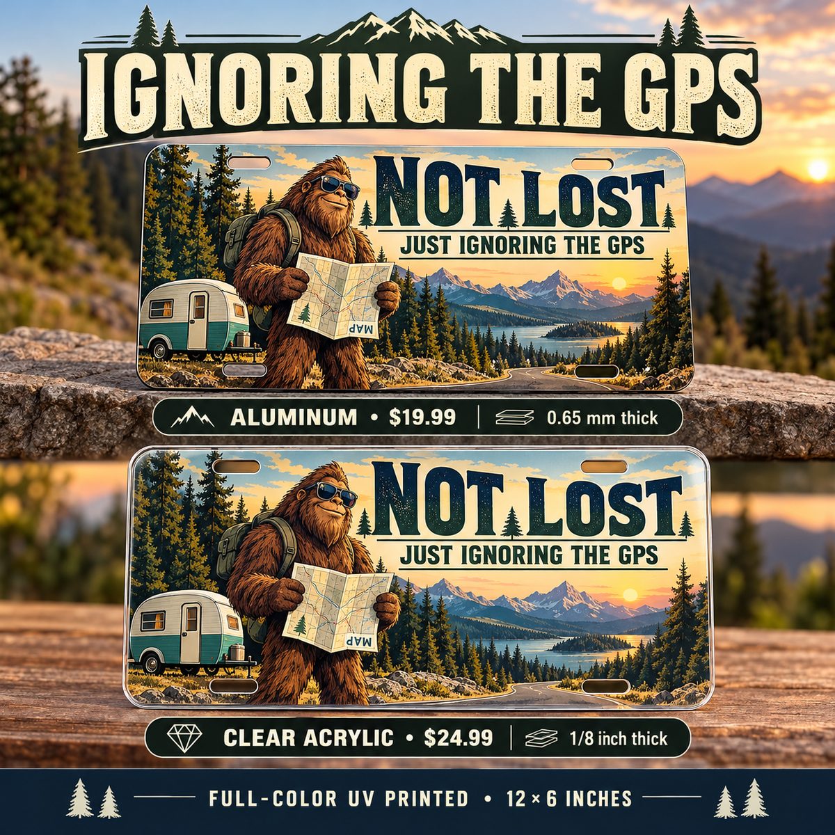 Ignoring the GPS funny license plate: 0.65 mm aluminum $19.99 or one-eighth-inch acrylic $24.99