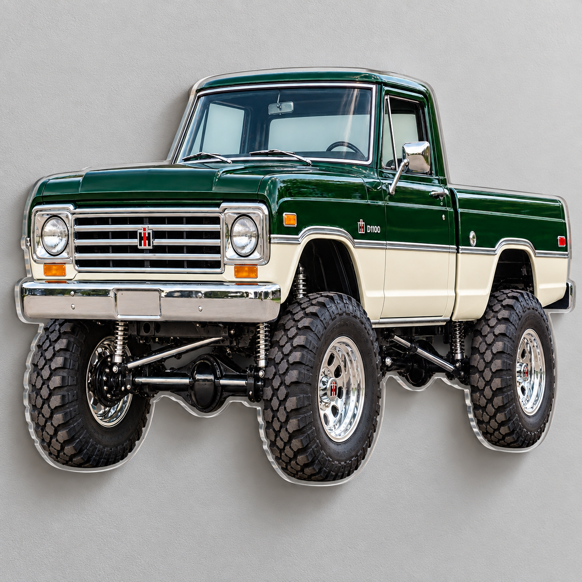 1965 International Harvester D1100 Forest Green and Ivory acrylic sign angle mockup