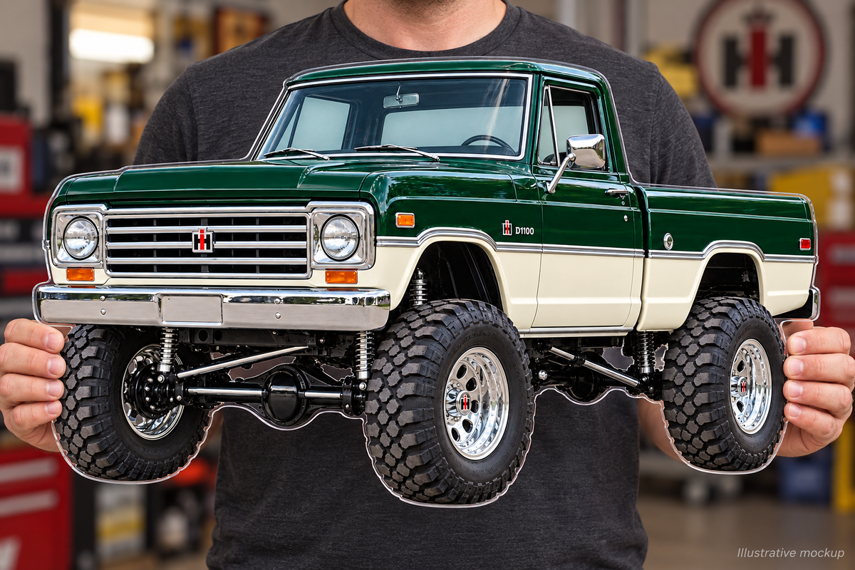 1965 International Harvester D1100 Forest Green and Ivory acrylic sign held mockup