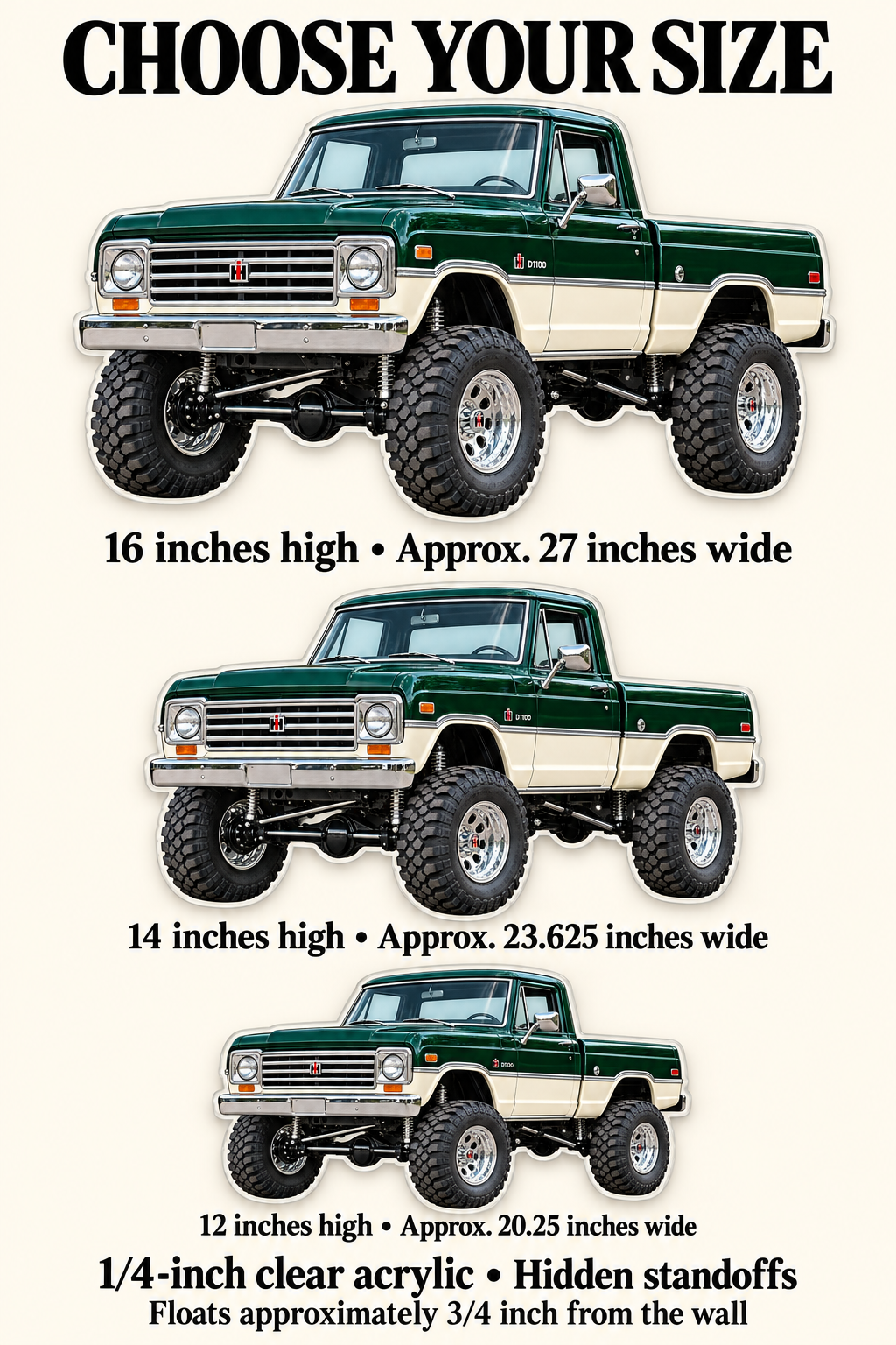 1965 International Harvester D1100 Forest Green and Ivory acrylic sign sizes mockup