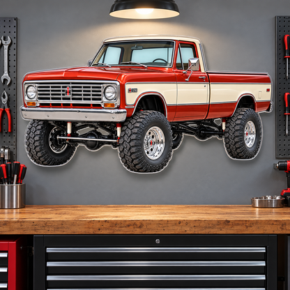 1973 International Harvester 1210 acrylic sign mounted above garage workbench on hidden standoffs