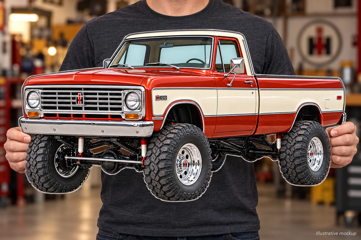 1973 International Harvester 1210 4x4 contour-cut clear acrylic sign held in hands, illustrative mockup