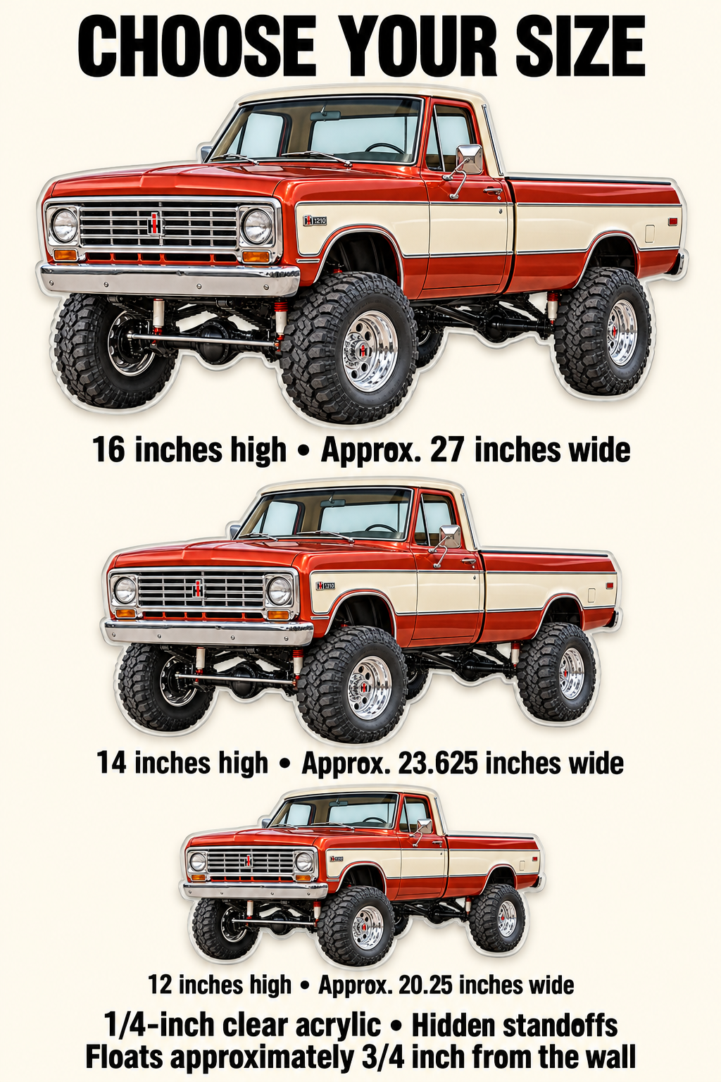 1973 International Harvester 1210 acrylic size guide for 12, 14 and 16 inch heights