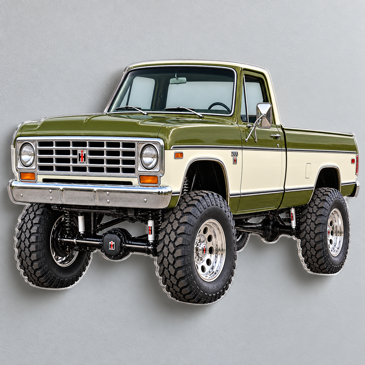 1974 International Harvester 200 Olive Green and Ivory acrylic sign angle mockup