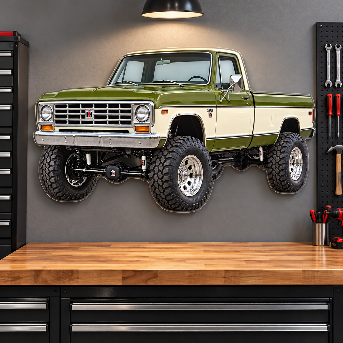 1974 International Harvester 200 Olive Green and Ivory acrylic sign garage mockup