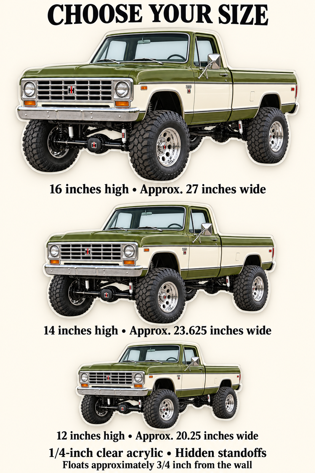 1974 International Harvester 200 Olive Green and Ivory acrylic sign sizes mockup