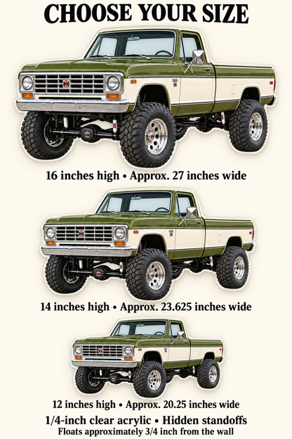 1974 International Harvester 200 Olive Green and Ivory acrylic sign sizes mockup