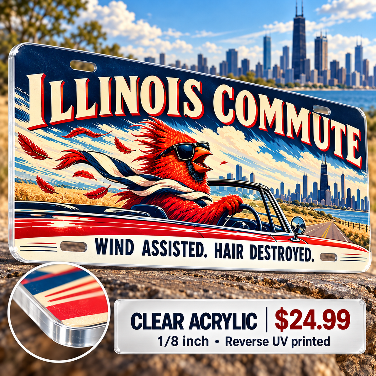 Illinois Wind Assisted funny license plate — ⅛-inch reverse UV printed acrylic with opaque artwork