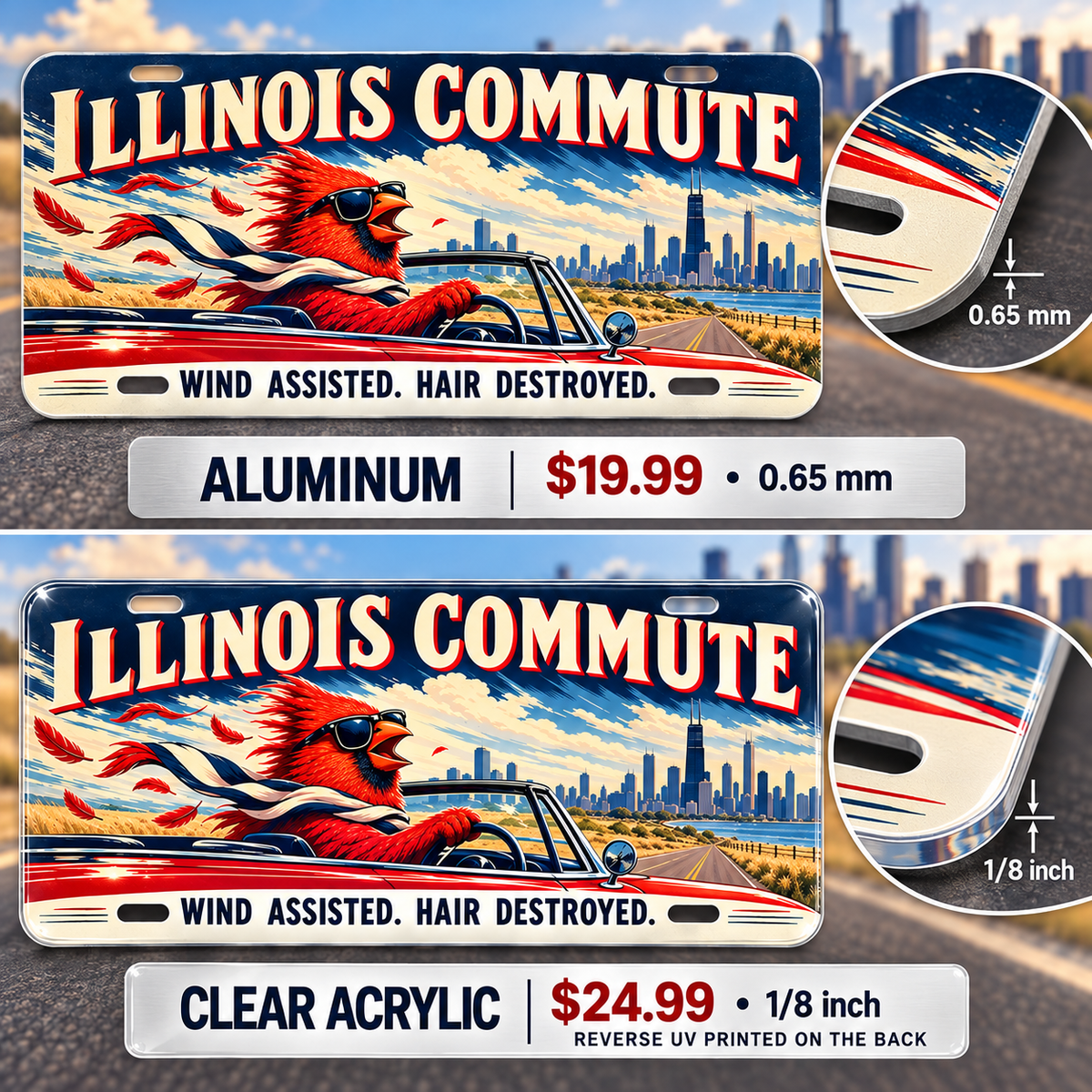 Illinois Wind Assisted funny license plate — 0.65 mm aluminum and ⅛-inch acrylic edge detail