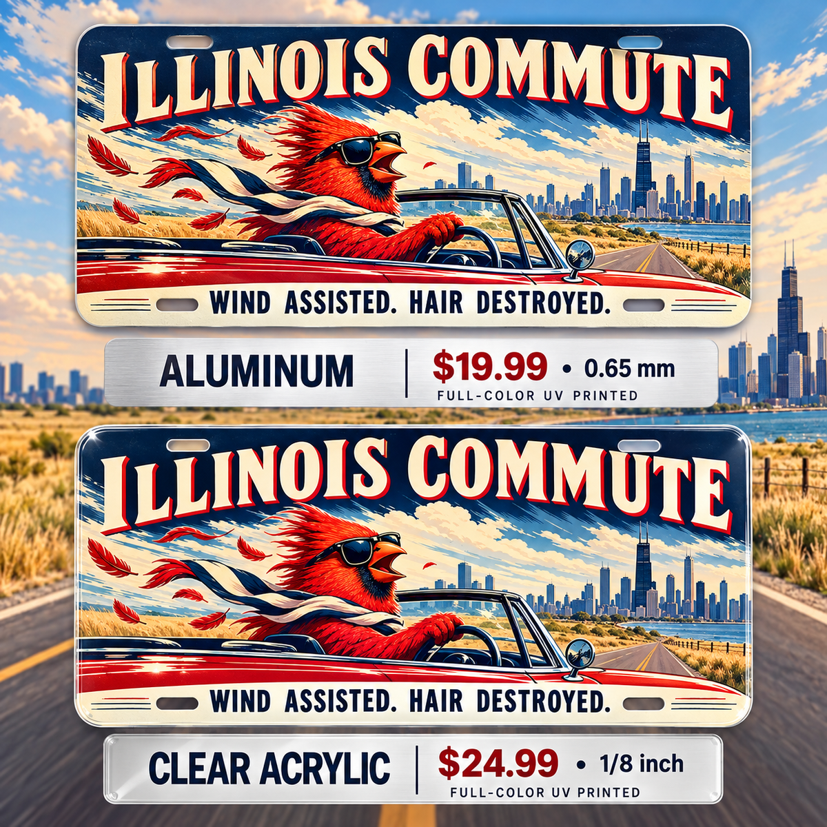 Illinois Wind Assisted funny license plate — aluminum $19.99 and clear acrylic $24.99 comparison