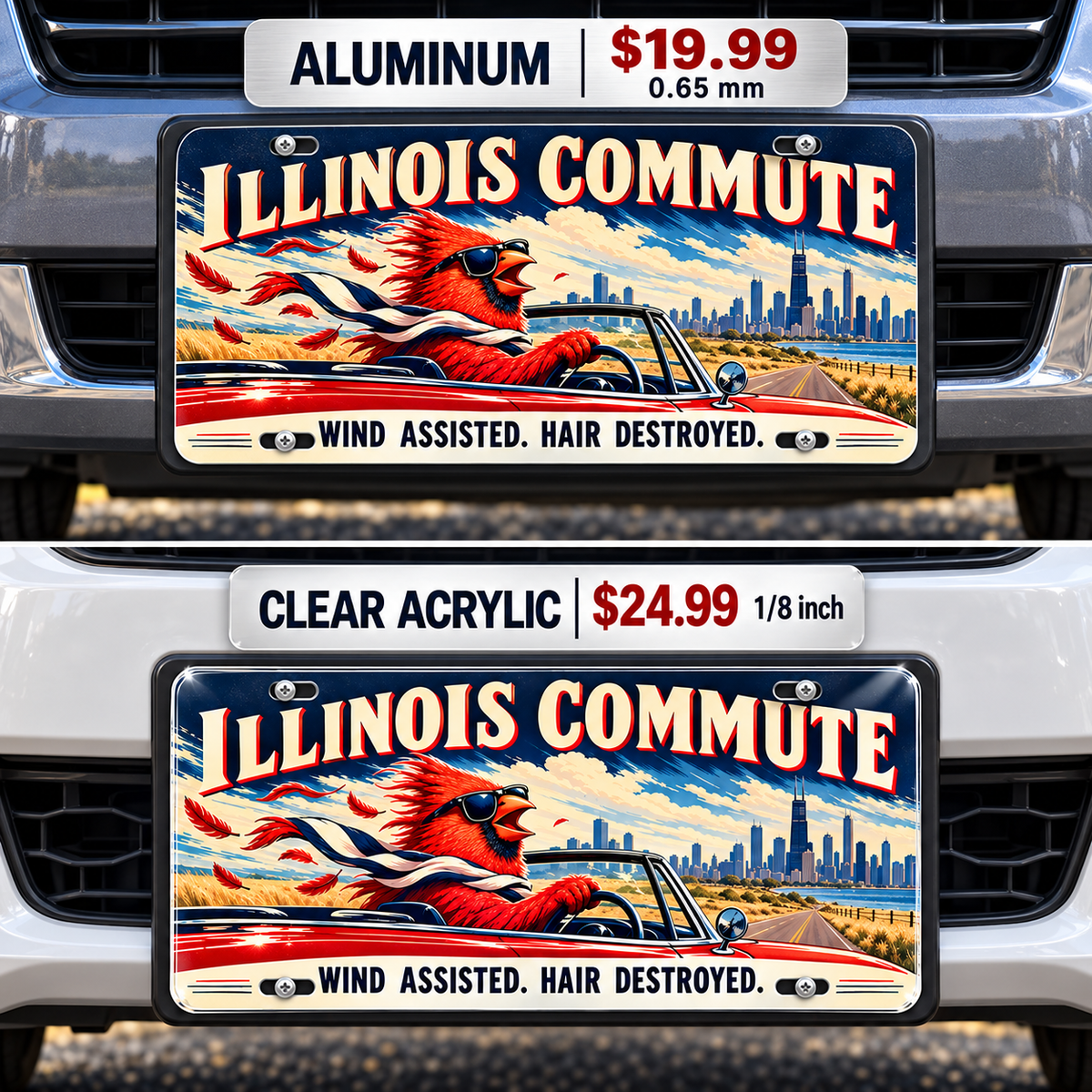 Illinois Wind Assisted funny license plate — aluminum and acrylic vehicle mockups